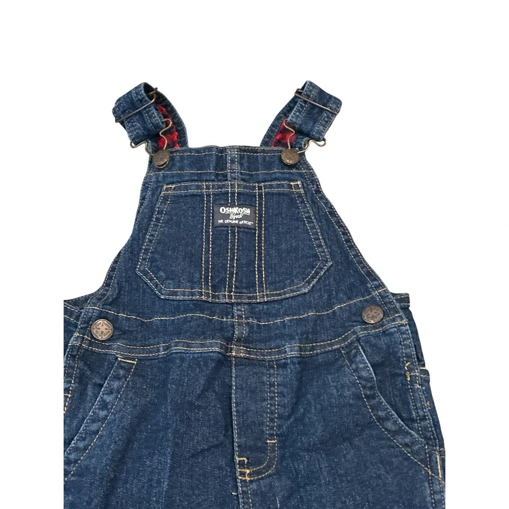 OshKosh B'gosh 3T Toddler Denim Blue overall Red Plaid Lined‎ Pocket Holiday
